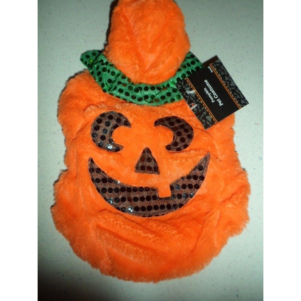 Pet Costume Halloween Pumpkin SZ S NIP Plush W/Sequins Hood